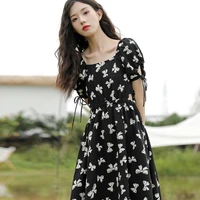puff sleeve long a line tea break skirt female summer new style french square collar black dress floral dress