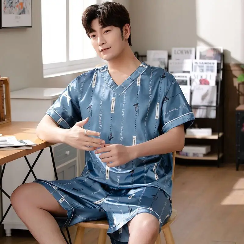 Men Satin Silk Pajamas Set for Men Short Sleeve V-Neck Summer Casual Sleepwear Pyjama Male Homewear Lounge Wear Clothes