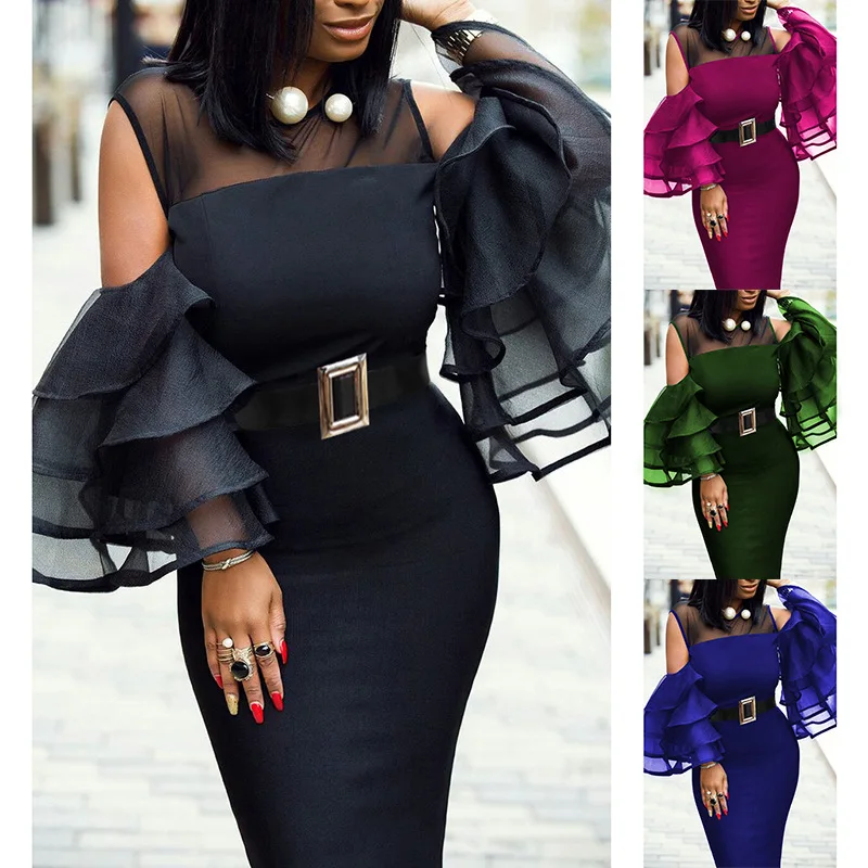 

Plus Size African Summer Party Dress Women's New Perspective Sexy Tight-hip Fitting Dress Mesh Sheath Sleeve Stitching Sexy
