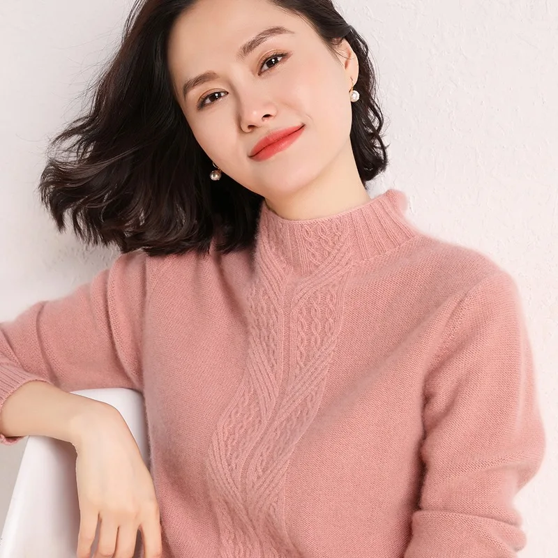 Ladies sweater 2020 casual fashion high neck long sleeve soft 100% cashmere sweater women fashion warm solid knit pullover