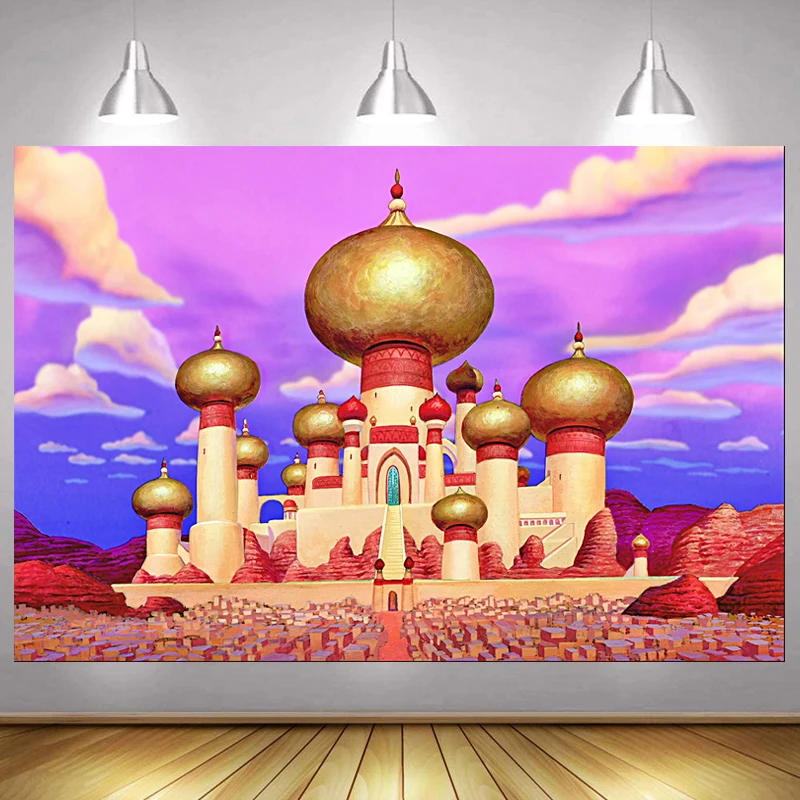 

Aladdin Jasmin Photo Backdrop Girls Princess Gold Mosque Happy Birthday Party Vaiana Decoration Photography Backgrounds Banner