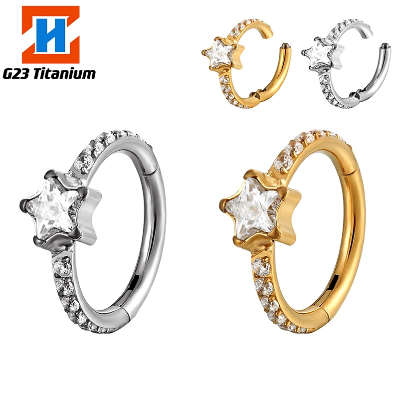 

1PC G23 Titanium Hoop Star Zircon Earrings Helix Piercing Cartilage Tragus Septum Nose Segment Ring Fashion Perforated Jewelry