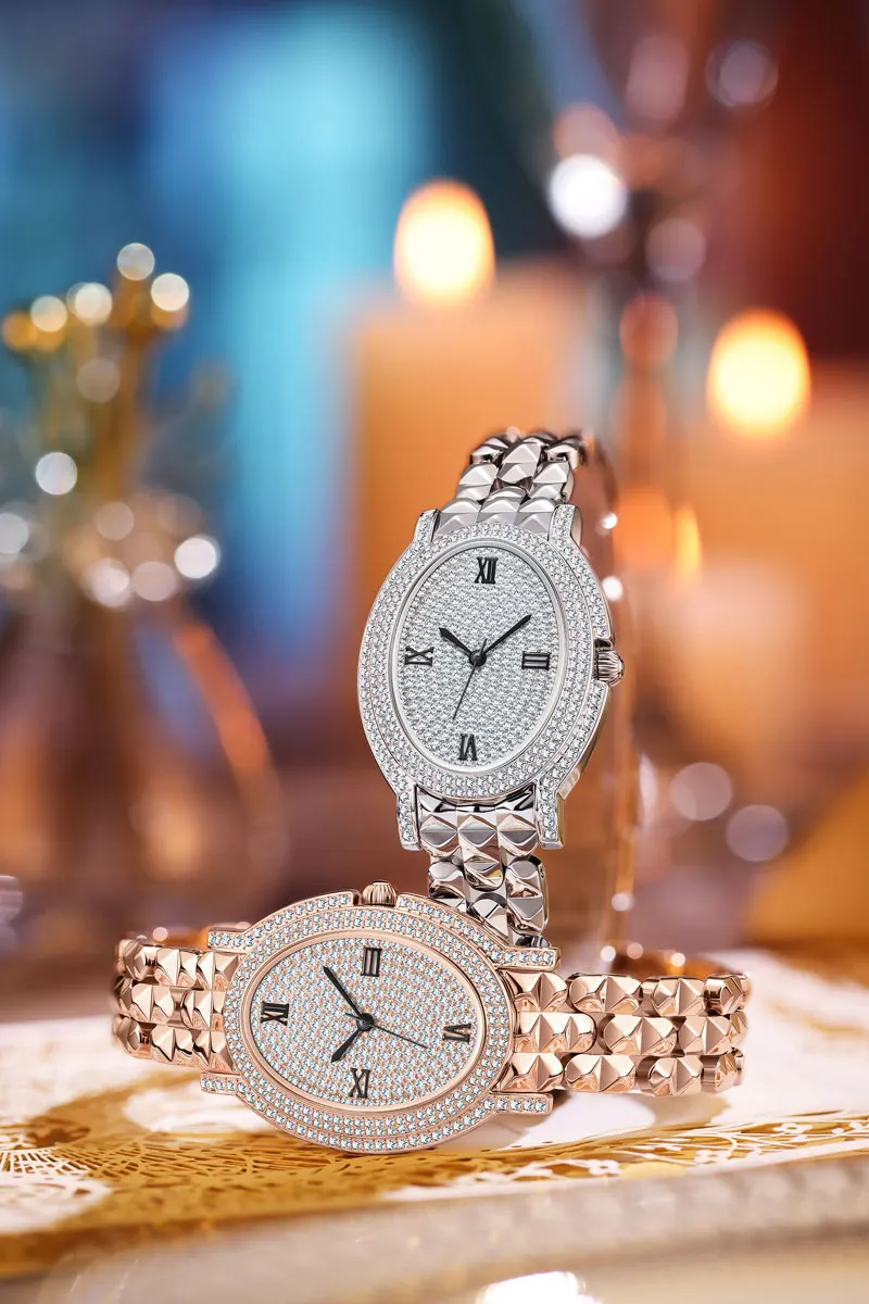

Davena Luxury Quartz Watch Women Oval Watch Ladies Rose Gold Full Diamond Clock Butterfly Buckle Steel Strap Table Copper Shell
