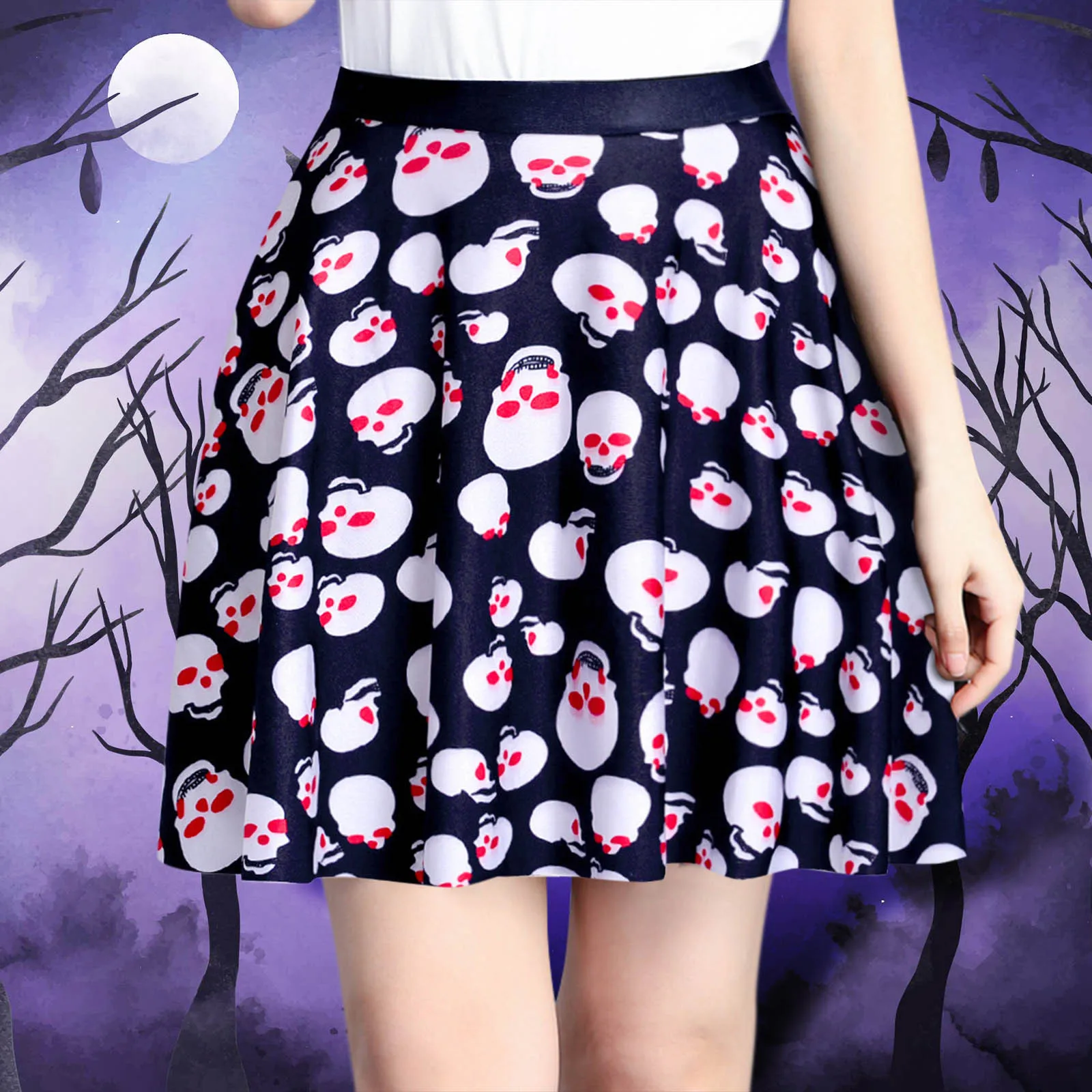 

2021 Women Halloween Printed Muscle Pleated Skirt Skater Skirt Disco Wet Look Pleated Short Mini Skirt Shiny Metallic#58