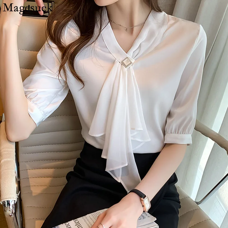 

Женская шифоновая блузка с оборками, элегантная Свободная рубашка с V-образным вырезом и бантом, офисные Топы с коротким рукавом, одежда для ...