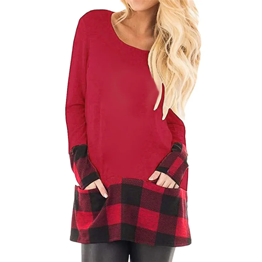 Модные женские блузки 2019 Осенняя женская одежда топы клетчатые с кромкой Круглый