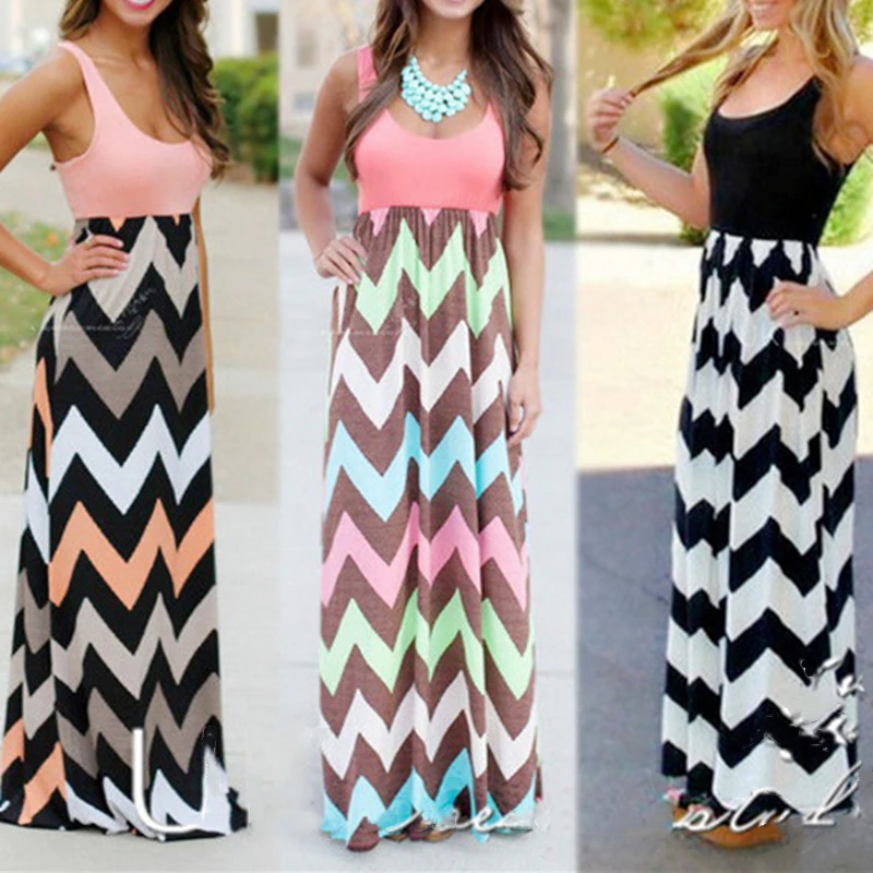Женское пляжное платье с волнистыми полосками длинное летнее макси в стиле бохо