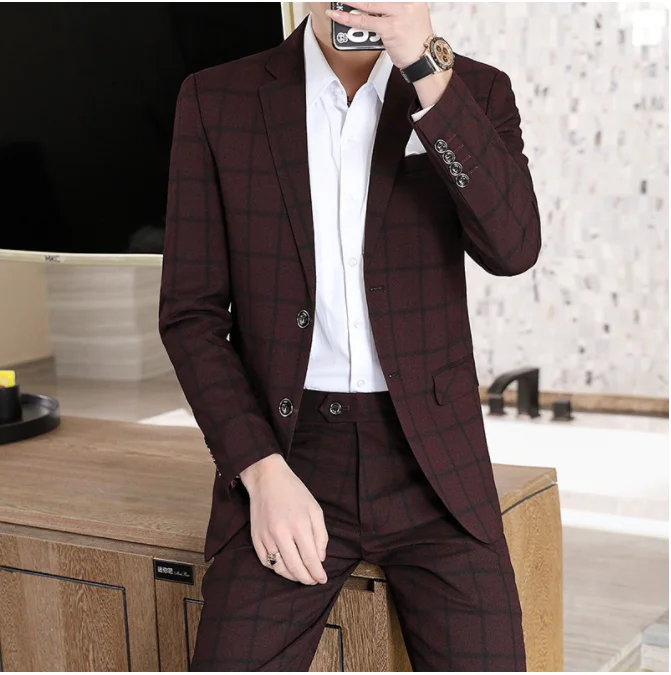 

( Jacket + Pant)Men Suit Casual Back Suit Business Lattice Suit Two-piece Wedding Dress