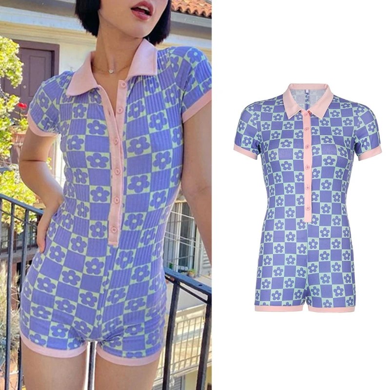 

Женский Облегающий комбинезон с коротким рукавом, V-образным вырезом и отворотом