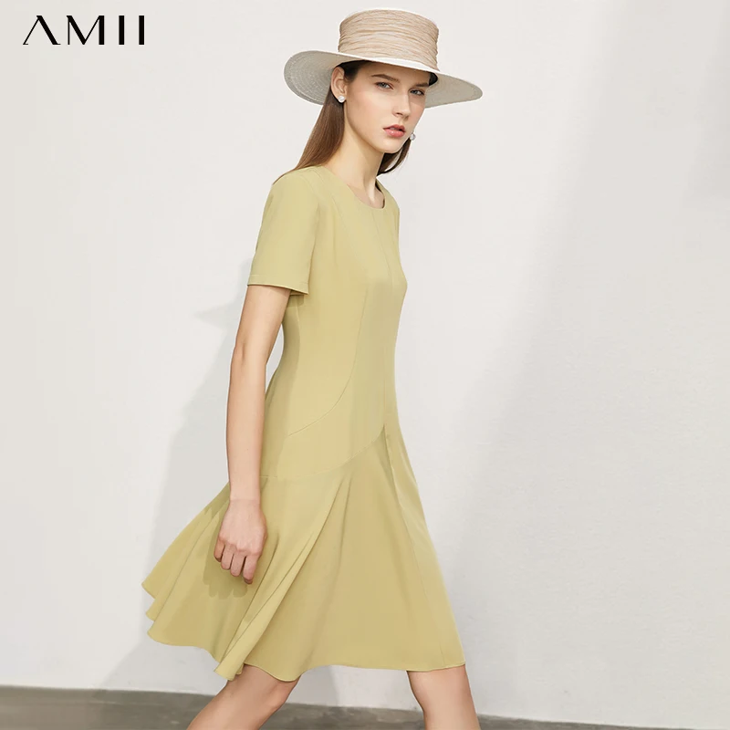 

Amii Minimalism Temperament Dress For Women Offical Lady Solid Oneck Pleated Women's Chiffon Dress Causal Women's Dress 12160031