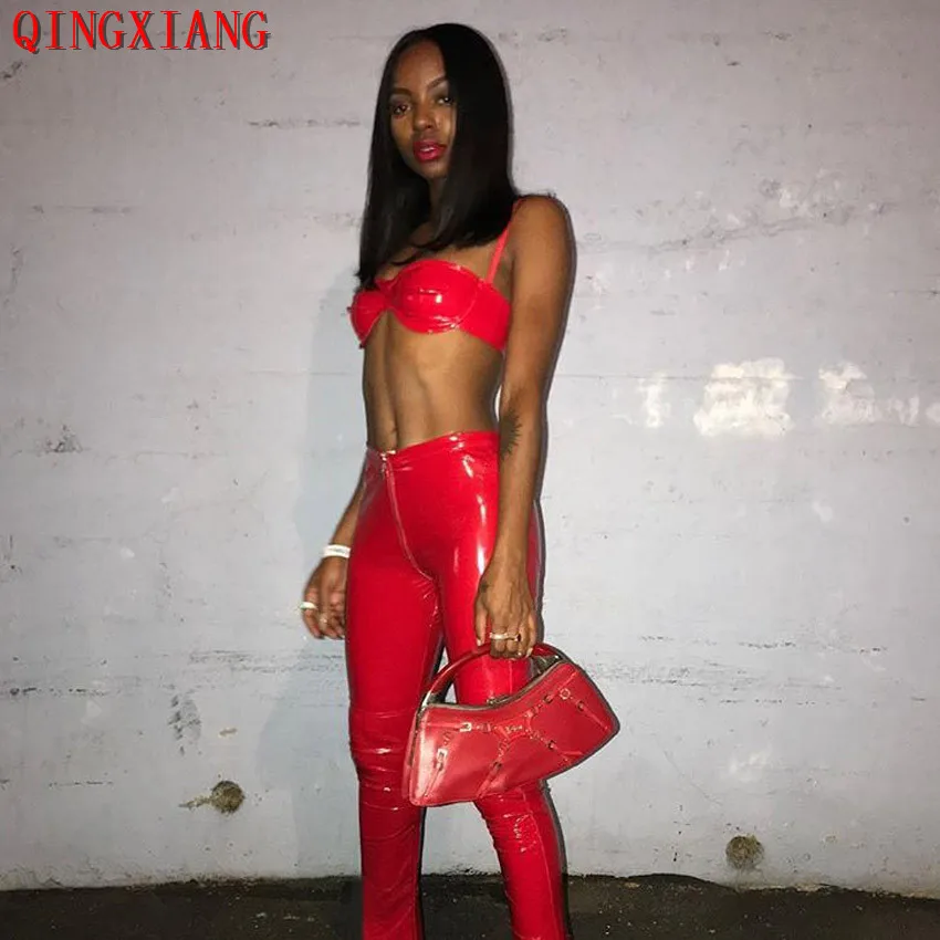 

S-4XL 2020 Plus Size Low Waist PU Long Pants Women Ngiht Club Black Red Faux Leather Girl DS Outside Zipper Cross Crotch Pants