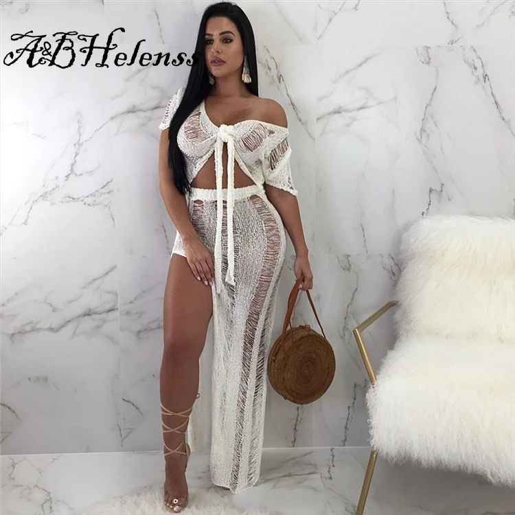 

A&BHelenss Knit Two Piece Set Hollow Out Sexy V Neck Short Sleeve Front Tie Crop Top High Slit Maxi Skirt Holiday Club Outfit