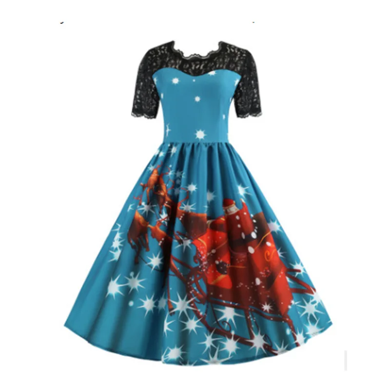 

Fashion New Santa Christmas Dress Women Long Sleeve Lace Patchwork Christmas Musical Notes Print Vintage Flare Dress