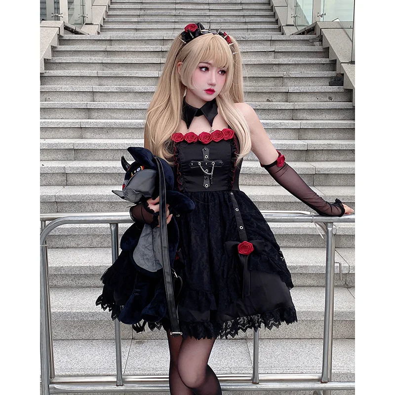 Оригинальное японское модное милое черное платье в стиле Харадзюку панк с