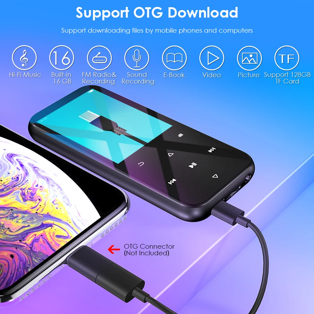 Qosea MP3-плеер с Bluetooth 4,2 HiFi музыкальный плеер с динамиком сенсорной кнопкой 2,4 дюйма экран Аудио Электронная книга радио встроенный 16 Гб