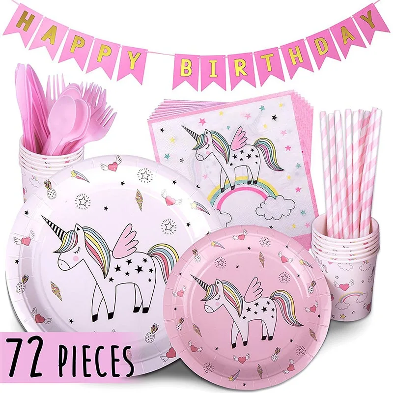 

72 шт. Единорог вечерние принадлежности набор столовых приборов баннер на день рождения с одноразовые бумажные тарелки и стаканы салфетки с...