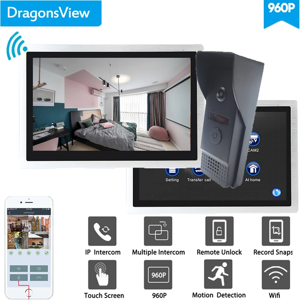 Dragonsview 10 Inch Video Intercom Video Door Phone Doorbell Wifi System 960P HD 2 Monitors and 1 Doorbell