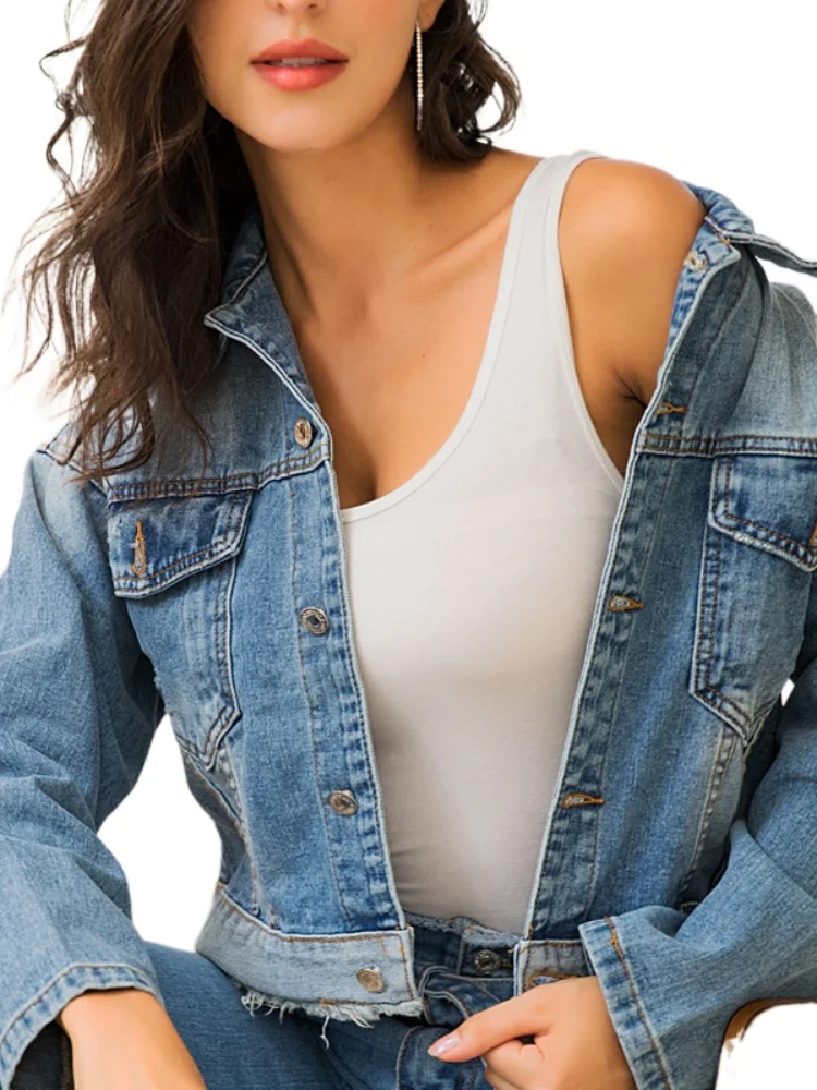

Jean Jacket Outwear Vintage Denim Bomber Women Fashion Coat Color Changed Basic Autumn Casual Spring Autumn Short Jacket