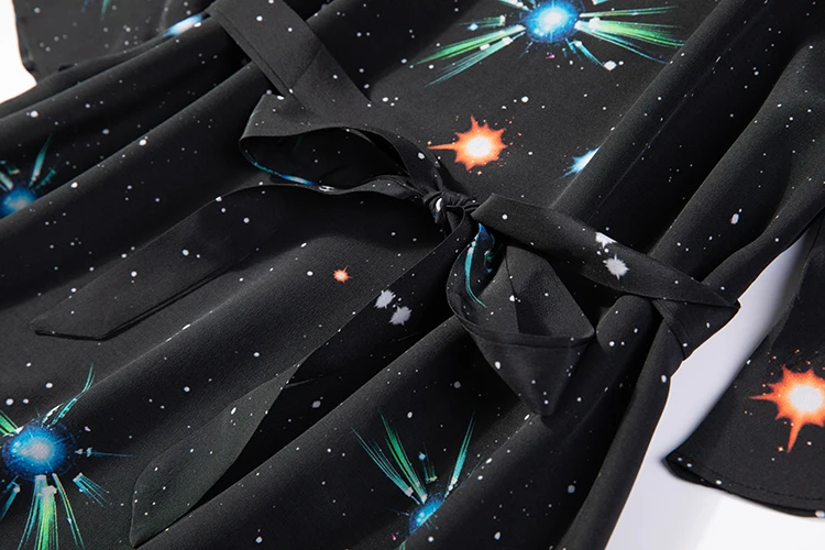 

Women's 100% Pure Silk bow tie neck half sleeve black starry sky Long Dress L XL JN393