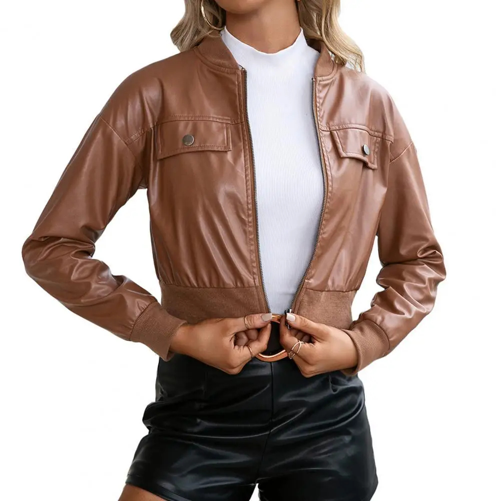 

2021 NEW Fashion Women Short Jacket Ribbing Solid Color Stand Collar Autumn Winter Zipper Long Sleeve All Match Coat Streetwear