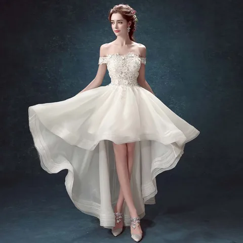 Wedding Dress Lace Flower One Shoulder White Bride Front Short and Long Tail Wedding Dress Spring and Summer New Style