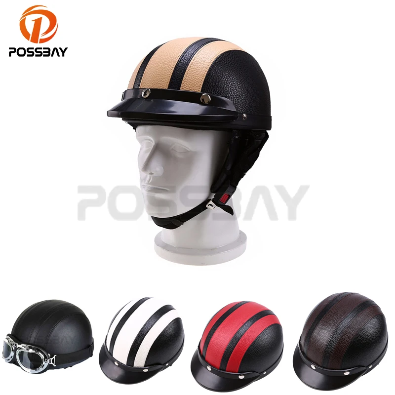 

POSSBAY 6 7/8'' ~ 7'' Synthetic Leather Motorcycle Helmets Motocross Cap Half Face Motor Visor UV Goggles Helmet Helmet For Moto