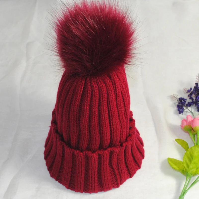 

Parent-child Winter Hat Women Wool Knitted Beanie Cap Faux Fur Pompom Knit Hat for Female Kids Warm Thick Stretchy Hats