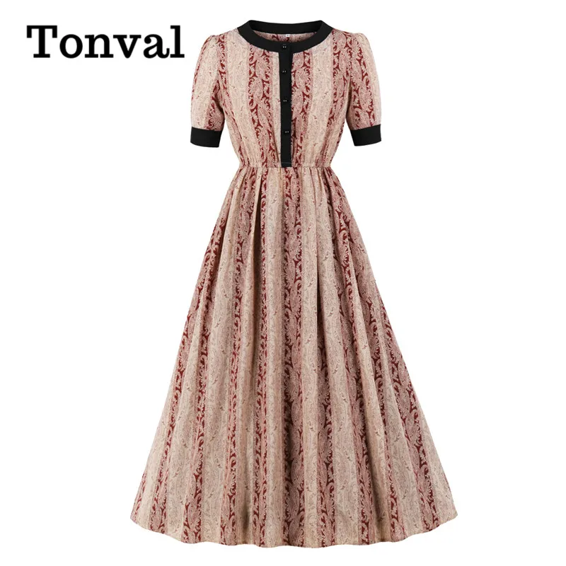 

Tonval Color Block Vintage Floral Print Elegant Party Midi Dresses for Women O-Neck Button Up Elastic Waist Robe Clothing