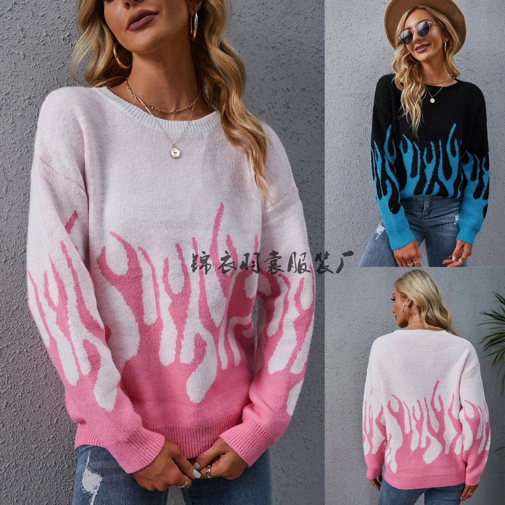 Женский пуловер с круглым вырезом розовый вязаный принтом Осень-зима 2021 |