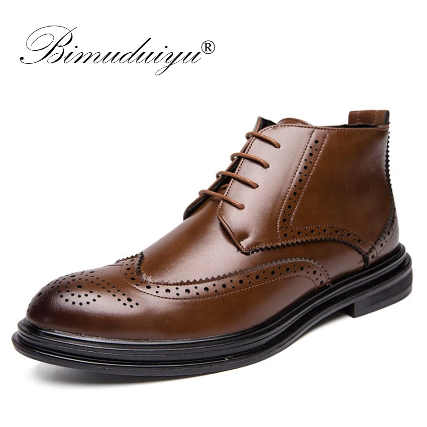 BIMUDUIYU Autumn New Men Leather Ankle Oxford Boots British Style Male Casual Lace Up Derby Shoes Fashion High Top Brogue Shoes