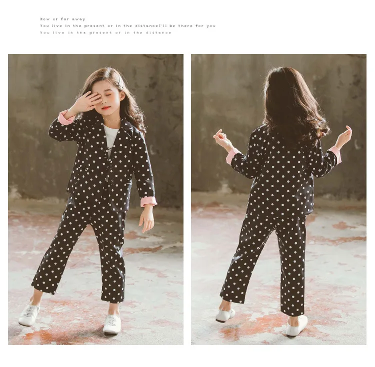 Нарядный розовый и черный костюм в горошек для девочек пальто + штаны сцены шоу