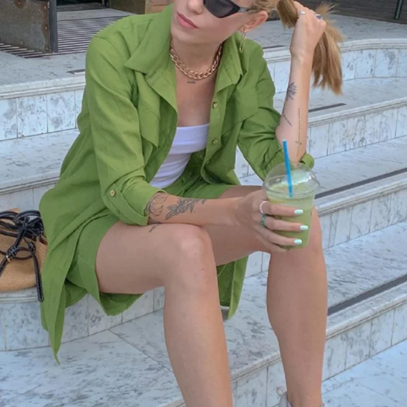 

Women Lapel Long Sleeve Shirt Shorts Arrivals Two Piece Set Fashion Temperament Autumn