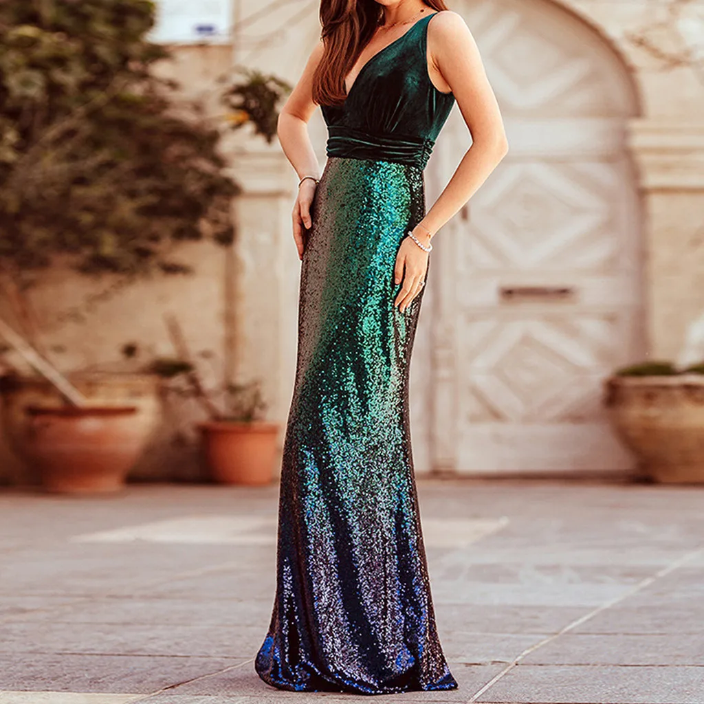 Женское роскошное платье длинное макси женское модное с v образным вырезом