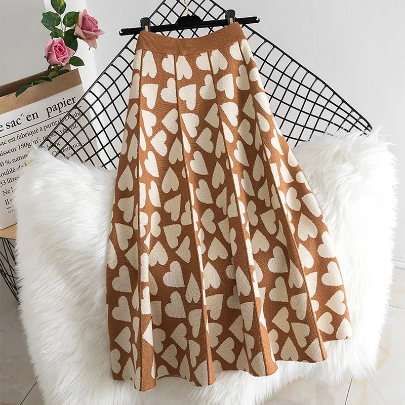 

2021 Autumn and Winter Love Jacquard Knitted Skirt Women's High Waist Mid-length A-line Long Skirts