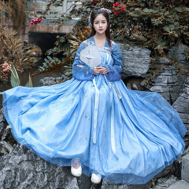 2020 Женский традиционный танцевальный костюм синий ханьфу народный праздничный