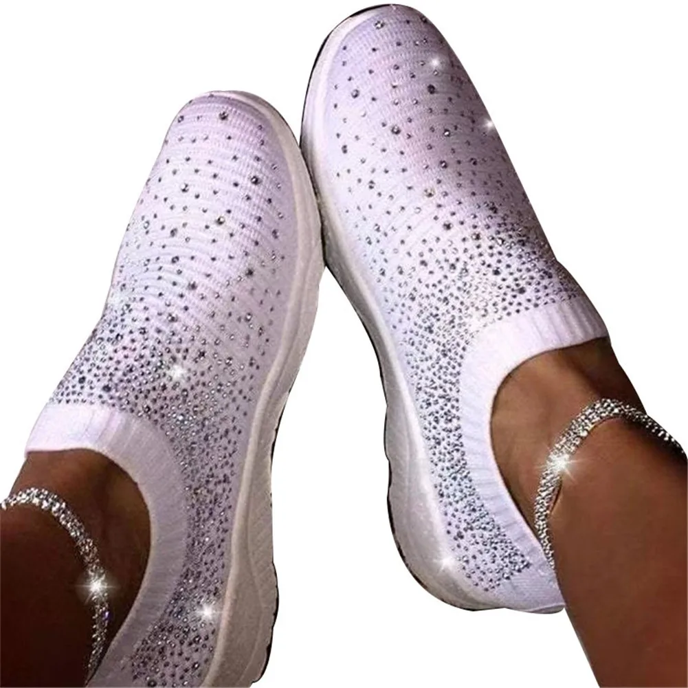 

Hot Women Crystal Sports Trainer Shoes Slip-On Running Mesh Sneakers Flat Shoes