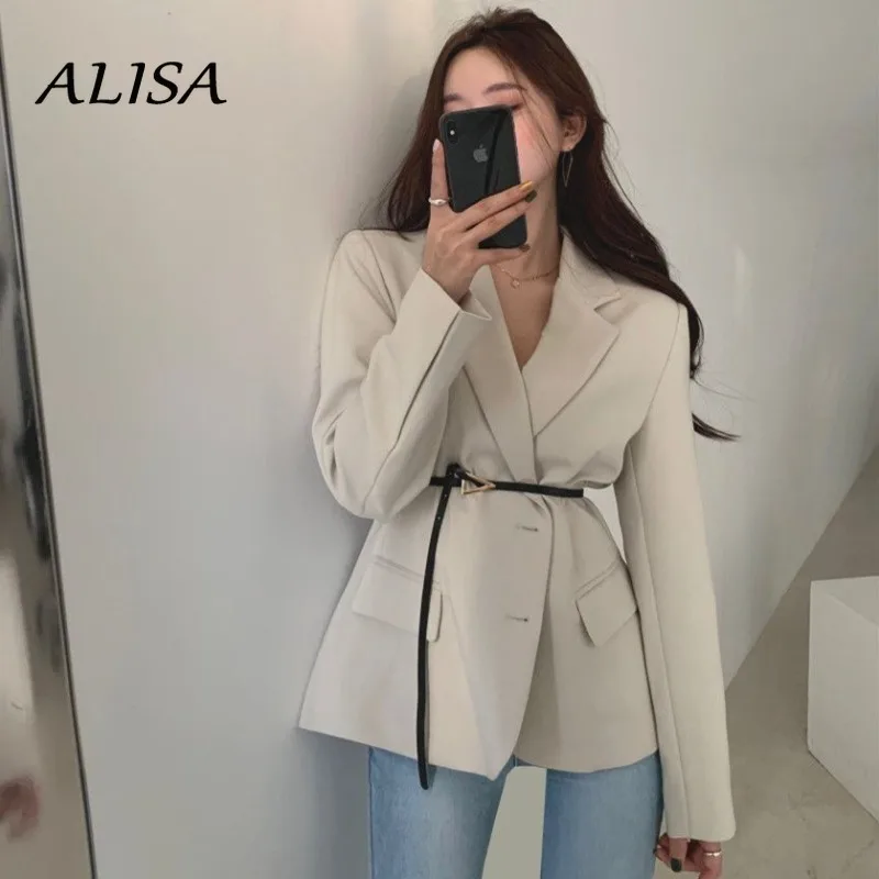 

Spring Autumn Casual Blazer 2021 Women Korean Turn Down Collar Slim with Belt Elegant White Blazer Coats