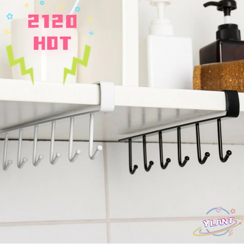 

SWT 2021 New Hot Fashion 6 Hooks Metal Under Shelf Mug Cup Cupboard Kitchen Organiser Hanging Rack Holder