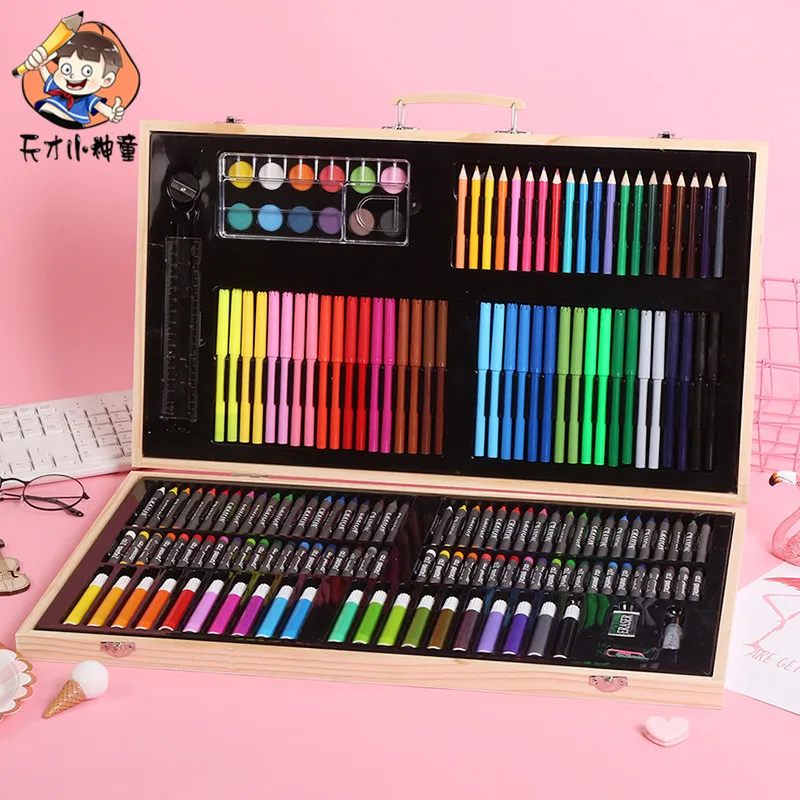 180pcs Art Sets With Wooden Box ,children's Watercolor Pen Gift Box Painting Set  Gifts For Boys And Girls