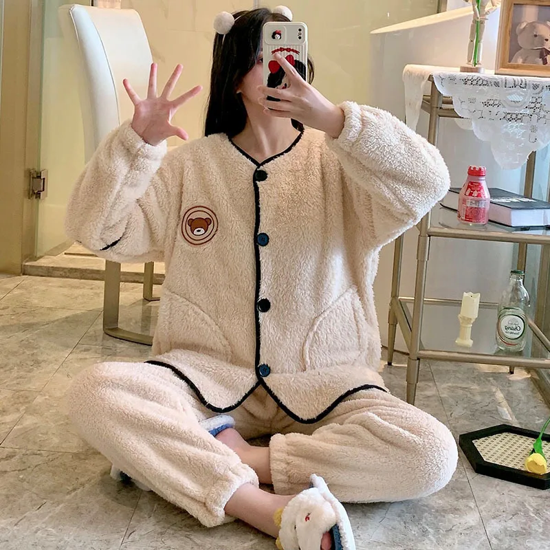 M-5XL New Female Autumn And Winter Flannel Thickened Warm Coral Fleece Home Wear Pajamas Set