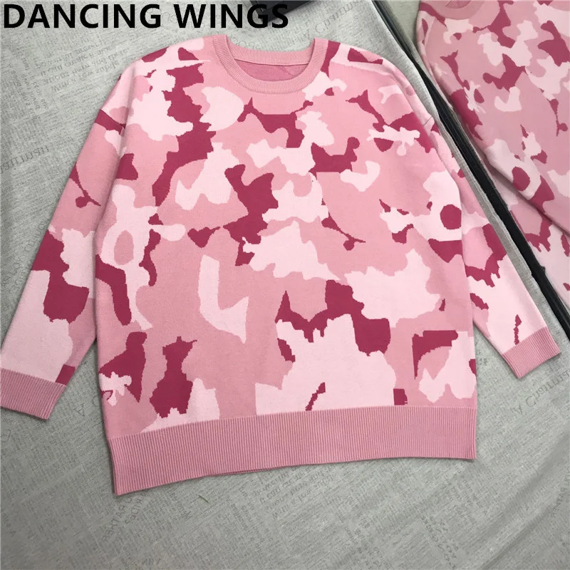Женский свитер средней длины розовый Камуфляжный пуловер Повседневная вязаная