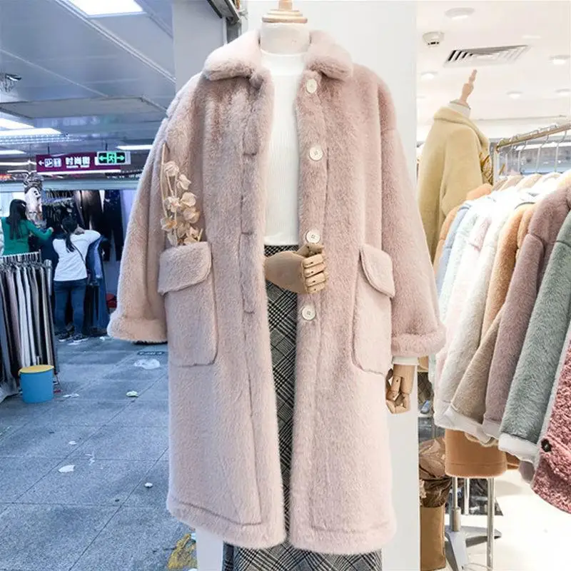 Осень 2022 длинное Свободное пальто из меха норки с отложным воротником и длинным