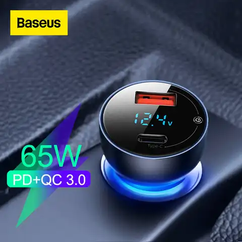 Автомобильное зарядное устройство Baseus 65W USB Quick Charge 3,0, автомобильное зарядное устройство для iPhone MacBook, Samsung, ноутбук, светодиодный дисплей, бы...