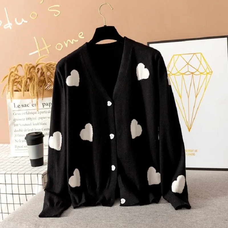 

Love Heart V-neck Long Sleeve Cardigan Women Knitted Basic Oversize Sweater Autumn Winter Female Cardigan Ladies Jumper