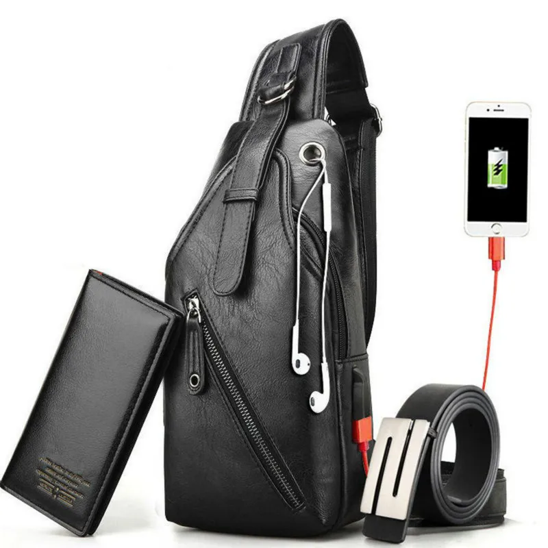 

Chest Bag + Wallet + Belt Waist Bag Shoulder Bags USB Charging 3 Pcs/set Men Waist Bag Fashion Heuptas Casual Men Cross Body Bag