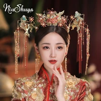 niushuya luxury chinese blue bridal hair crowns long tassels red flower hairpins headdress beaded wedding jewelry accessories