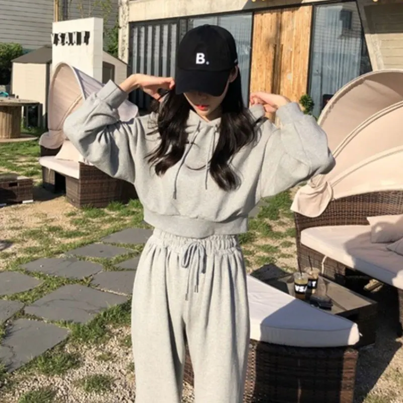 2020 Autumn Black Gray Tracksuit Pants Suit Women Two-piece set Hoodies Casual Sporting Coat Top+Bell-bottomed Sets BW356 | Женская