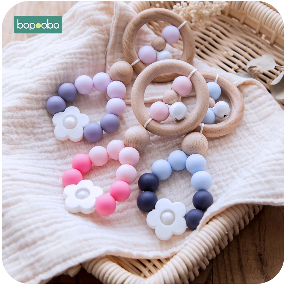 Bopoobo 1 шт. BPA бесплатные Силиконовые Прорезыватели зубов детские бусы кольца из натурального дерева зубы резиновый Houten Ringen деревянные погремушки детского подарка