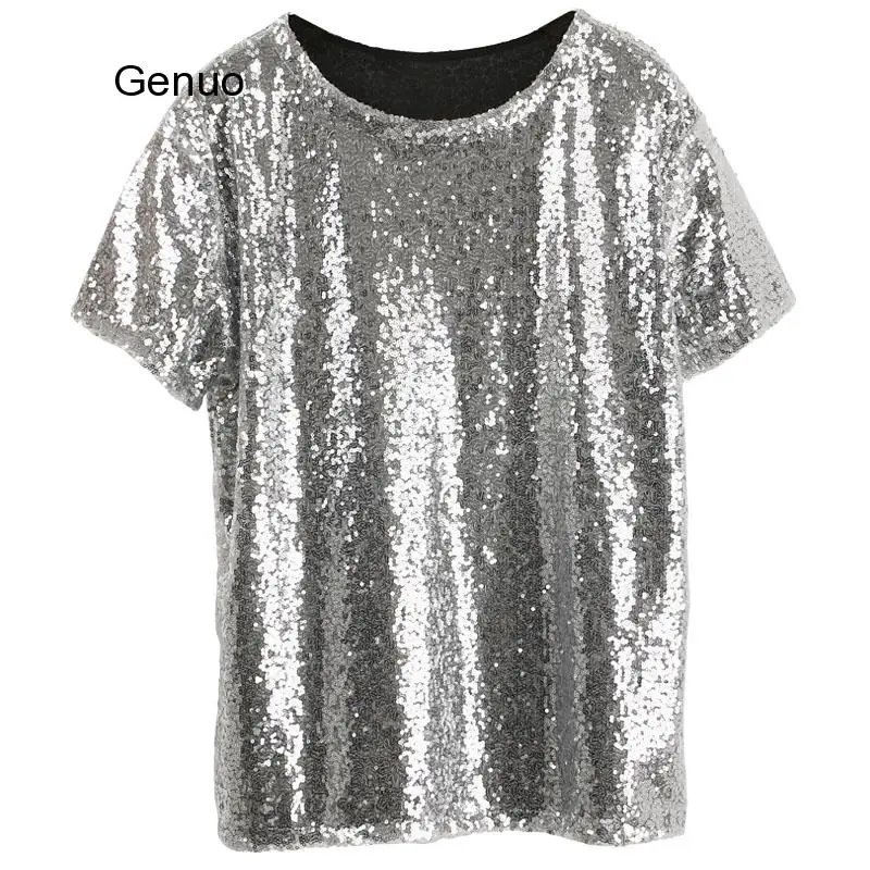 

Harajuku sequins T-Shirts O-Neck Beading Tees Loose short-sleeved sequined Shirts Stage Show Dance Performance Oversize Tops
