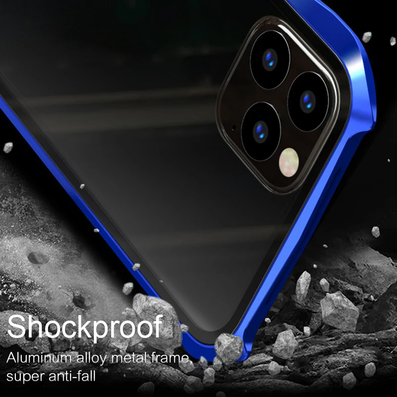 Двухсторонний задний+ передний стеклянный Магнитный чехол для Apple iPhone 11 Pro Max Роскошный Алюминиевый металлический бампер 360 Защитный чехол с петлей